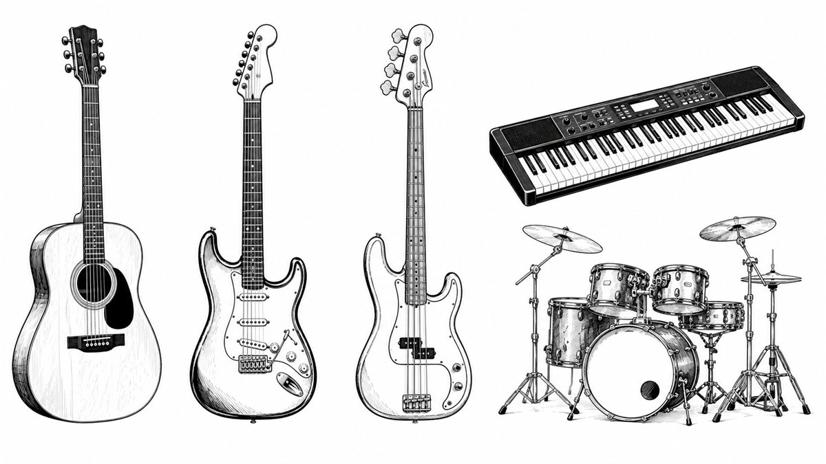 Instrumentos de estudo em preto e branco