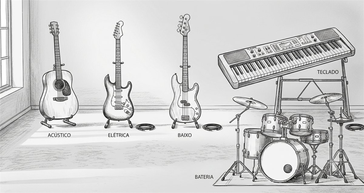 Sala de instrumentos em preto e branco