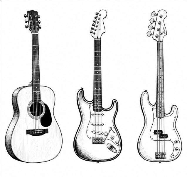 Desenho de violão, guitarra e baixo em preto e branco